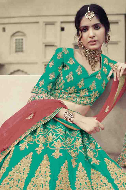 Green Colour Satin Thread Work Lehenga Choli