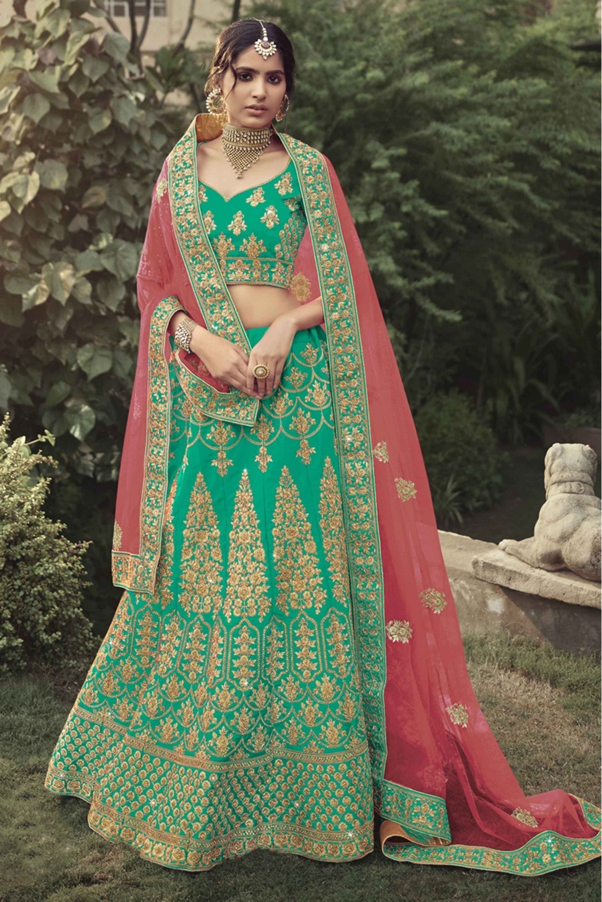 Green Colour Satin Thread Work Lehenga Choli