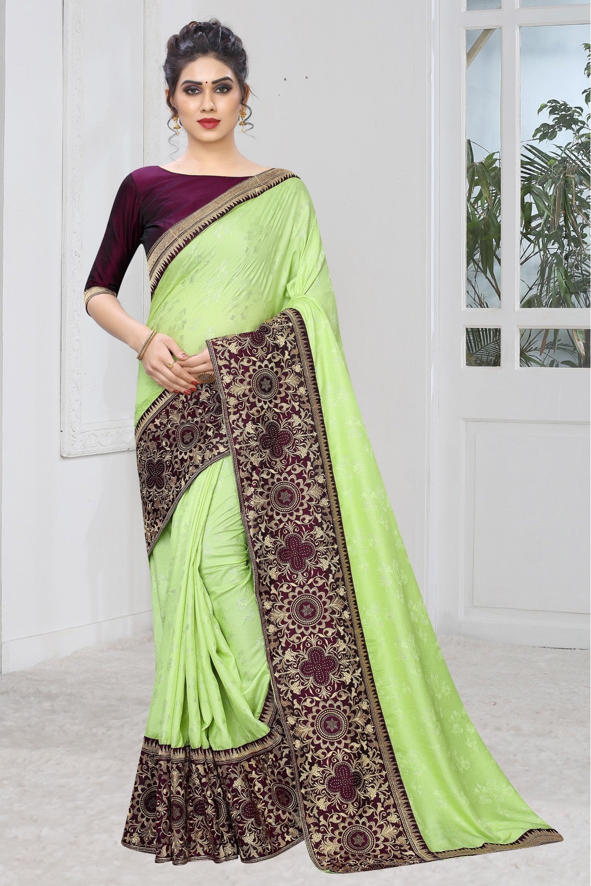 Green Colour Silk Jacqaurd Embroidery Saree