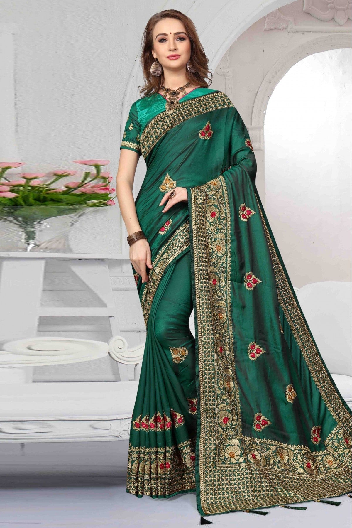 Green Colour Silk Satin Traditional Saree