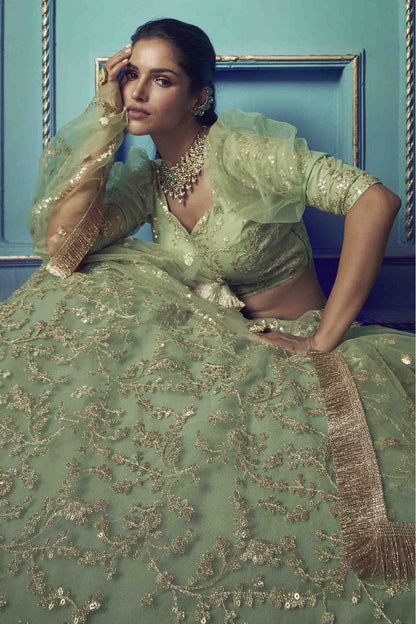 Green Colour Soft Net Embroidery Lehenga Choli