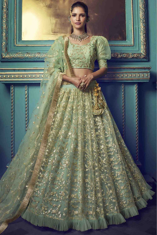 Green Colour Soft Net Embroidery Lehenga Choli