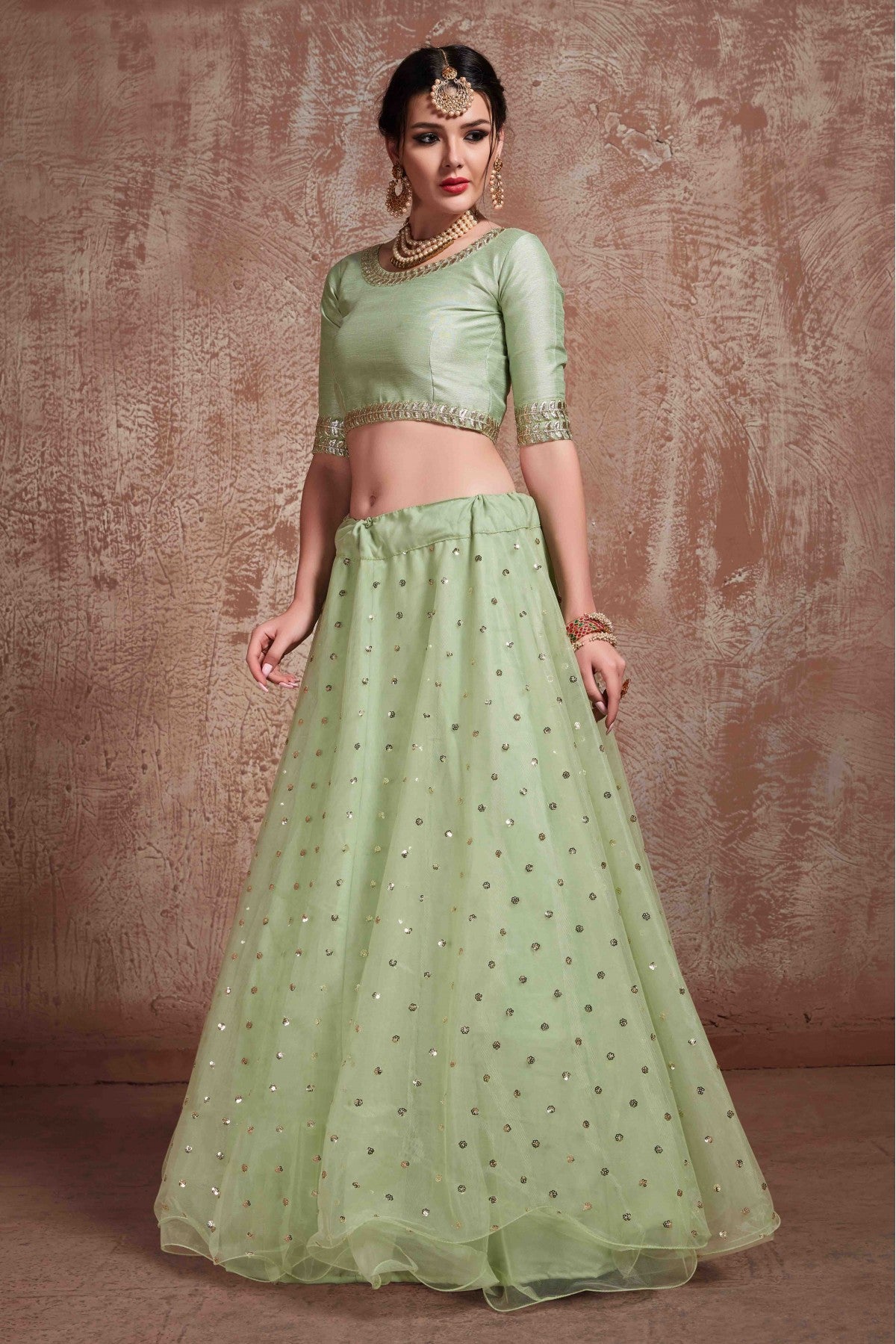 Green Colour Soft Net Sequins Work Lehenga Choli