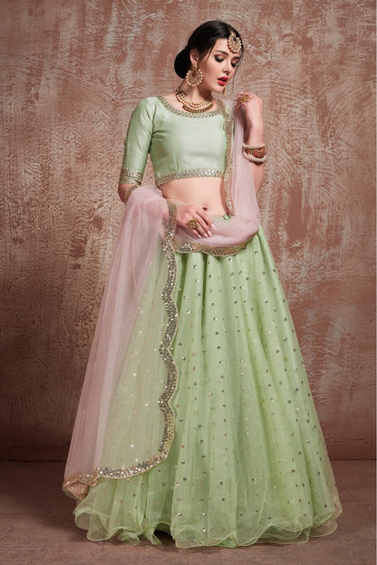 Green Colour Soft Net Sequins Work Lehenga Choli