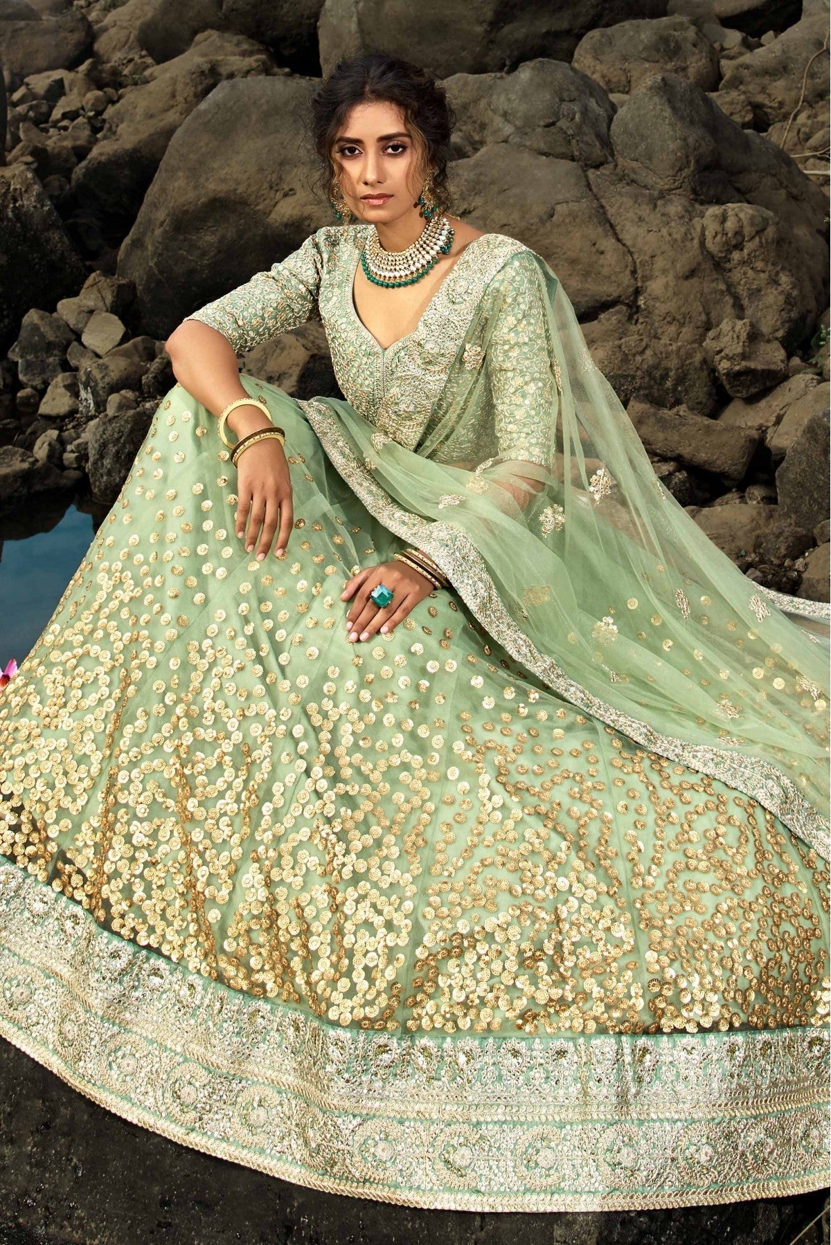 Green Colour Soft Net Sequins Work Lehenga Choli