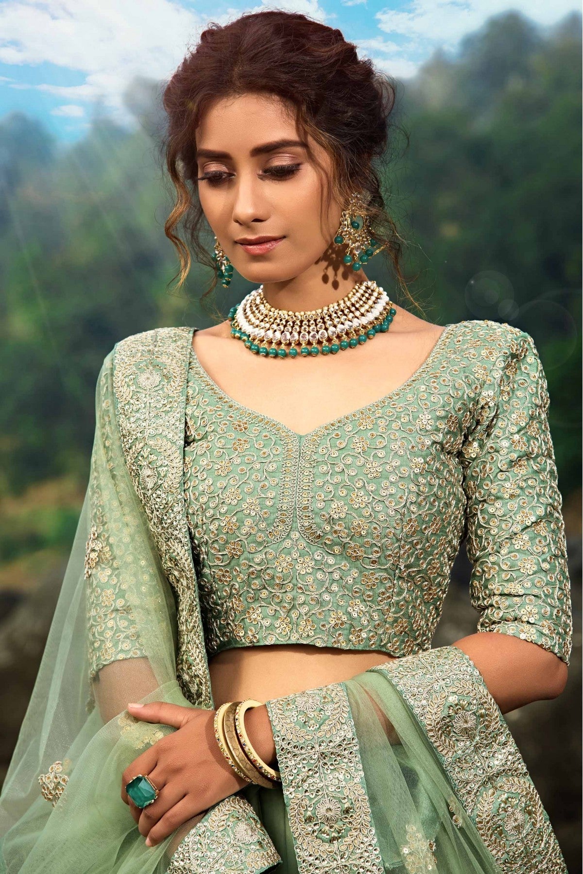 Green Colour Soft Net Sequins Work Lehenga Choli