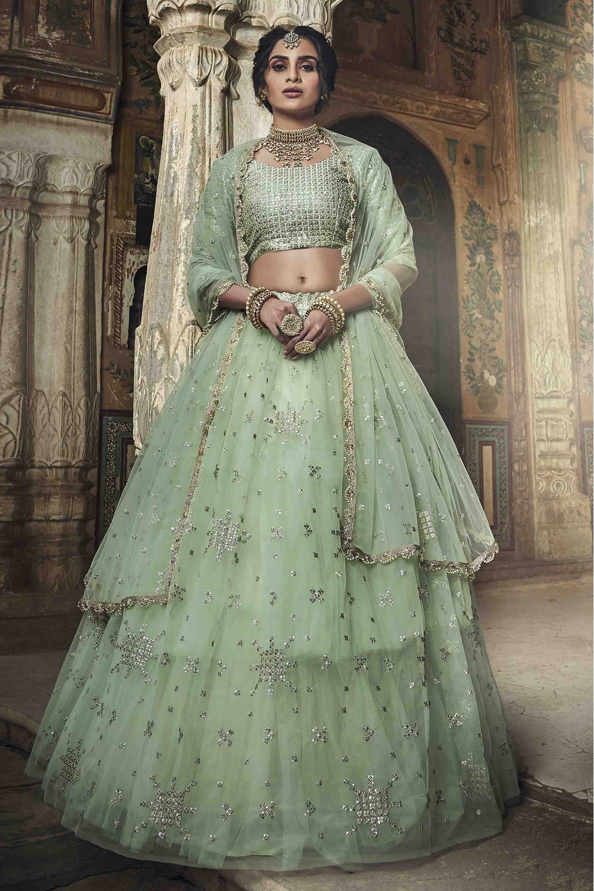 Green Colour Soft Net Sequins Work Lehenga Choli