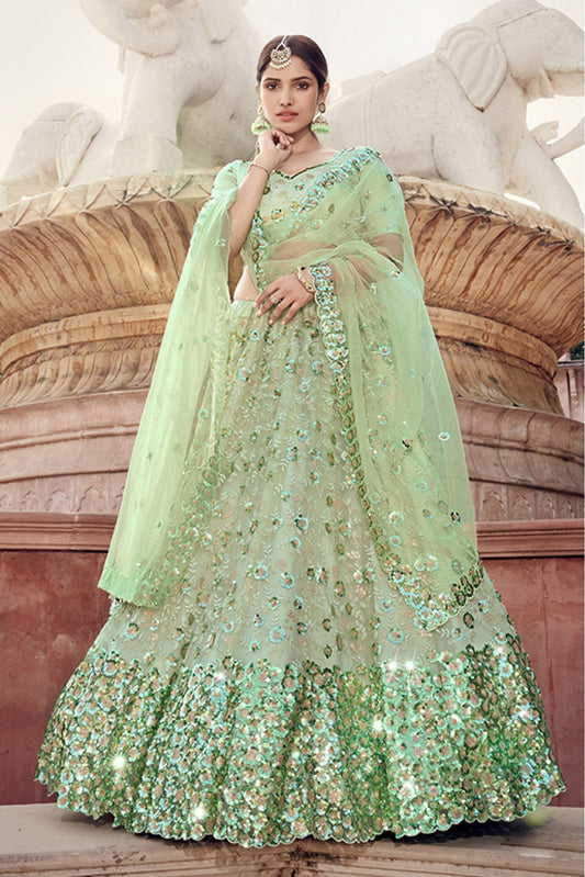 Green Colour Soft Net Sequins Work Lehenga Choli