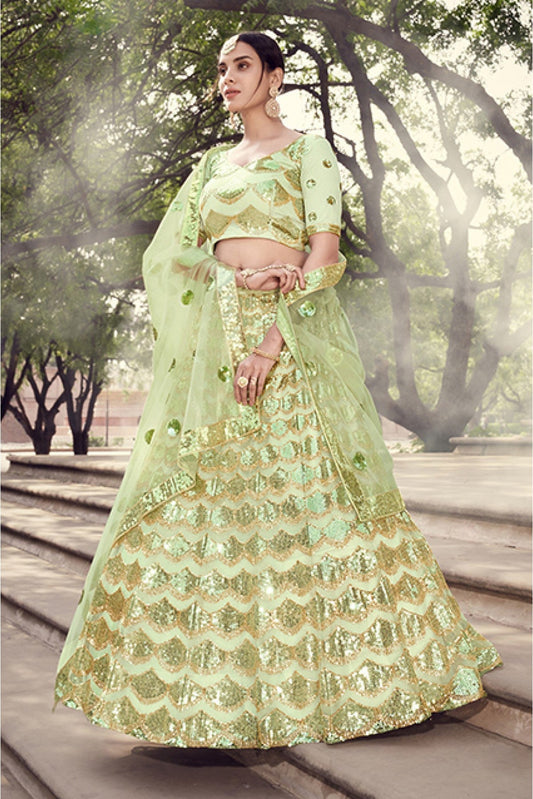 Green Colour Soft Net Sequins Work Lehenga Choli