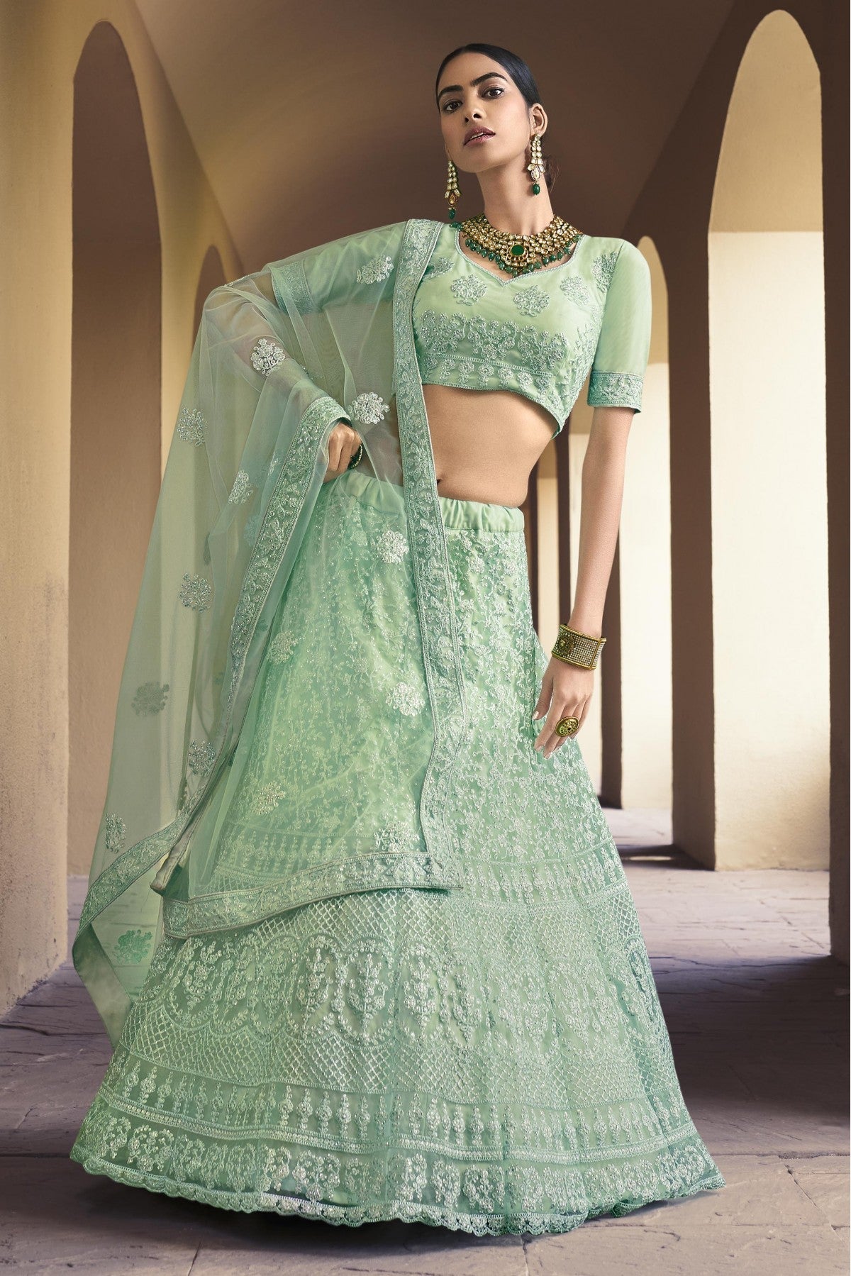 Green Colour Soft Net Sequins Work Lehenga Choli