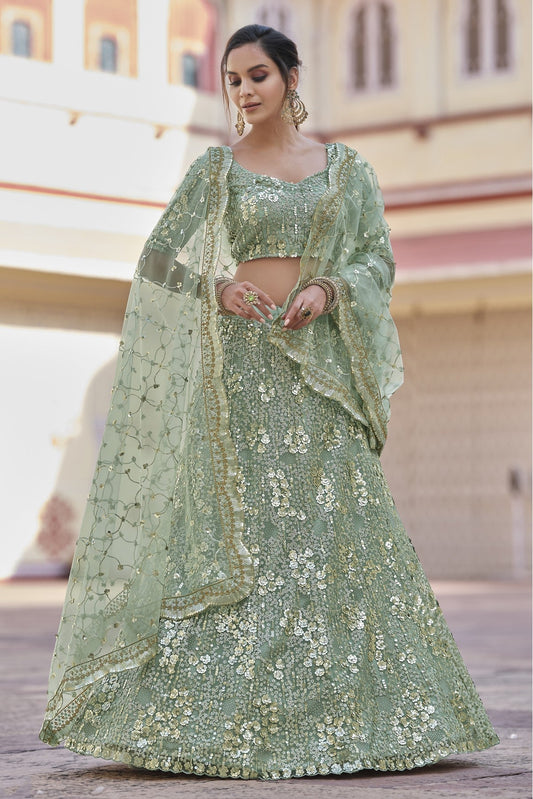 Green Colour Soft Net Sequins Work Lehenga Choli