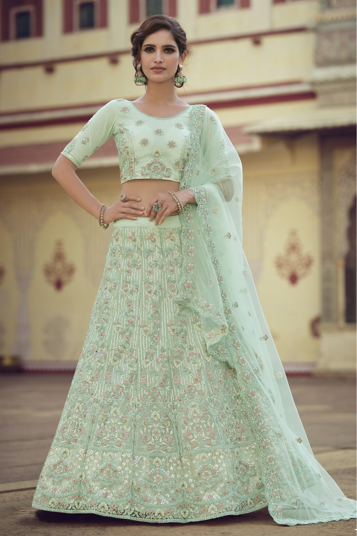 Green Colour Soft Net Sequins Work Lehenga Choli