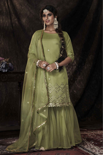 Green Colour Soft Net Sequins Work Sharara Suit