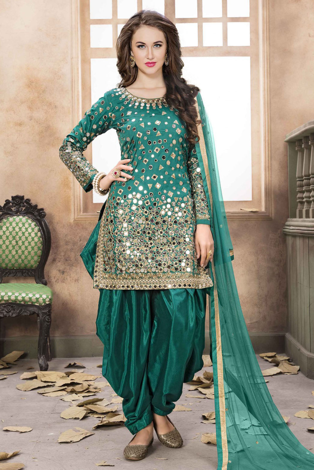 Green Colour Taffeta Silk Embroidery Patiala Suit