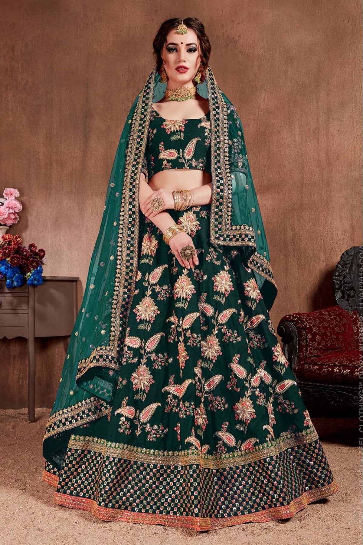 Green Colour Taffeta Silk Lehenga Choli