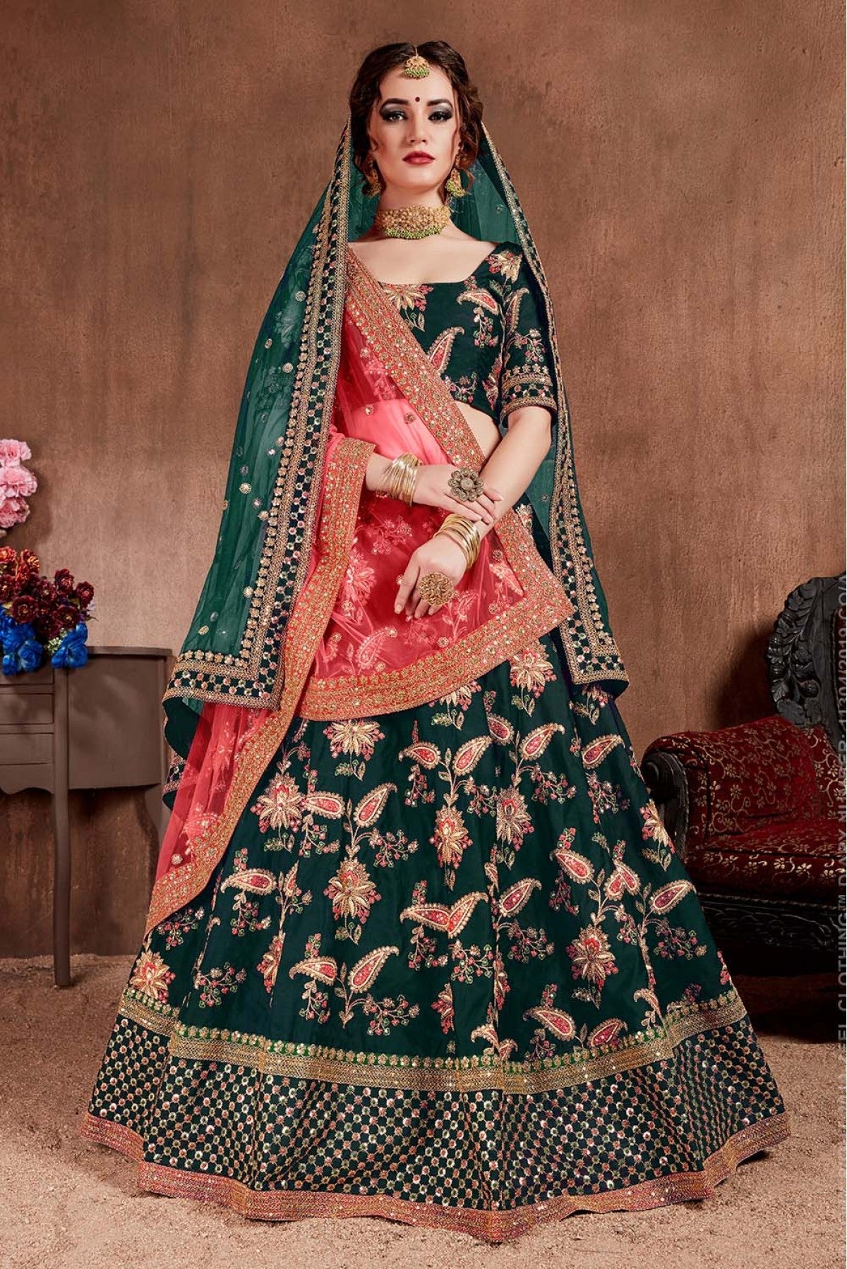 Green Colour Taffeta Silk Lehenga Choli