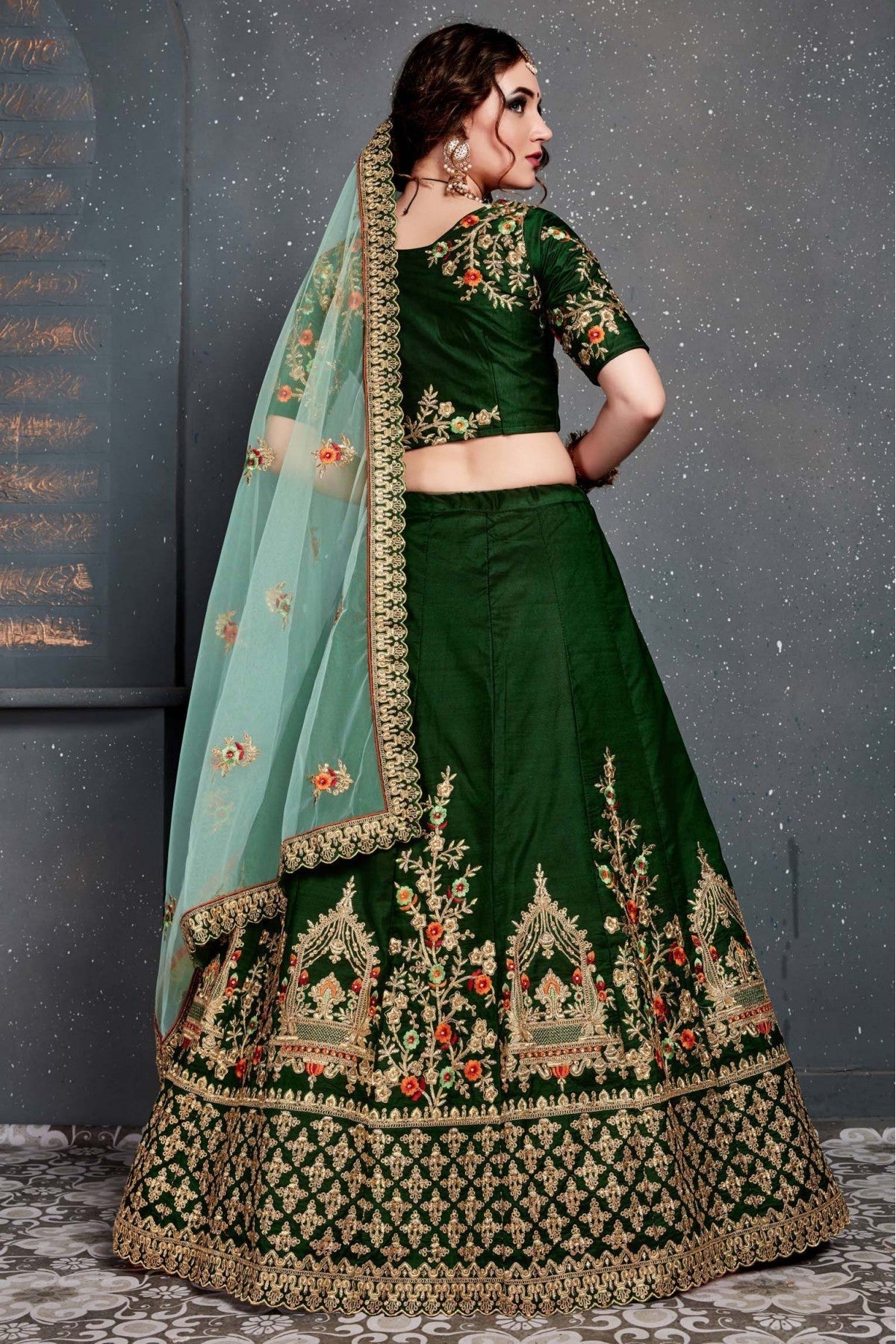 Green Colour Taffeta and Satin Silk Lehenga Choli