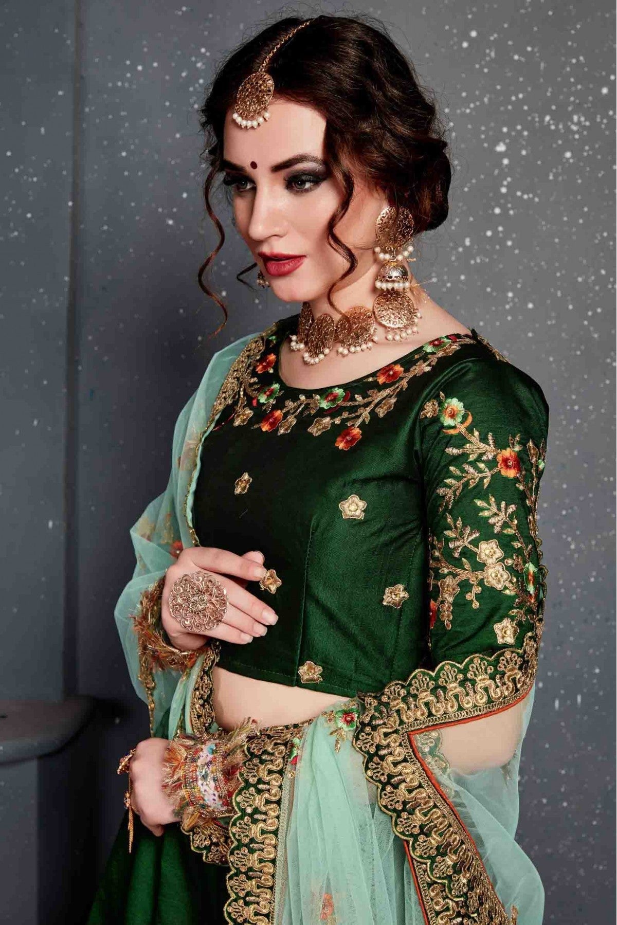 Green Colour Taffeta and Satin Silk Lehenga Choli