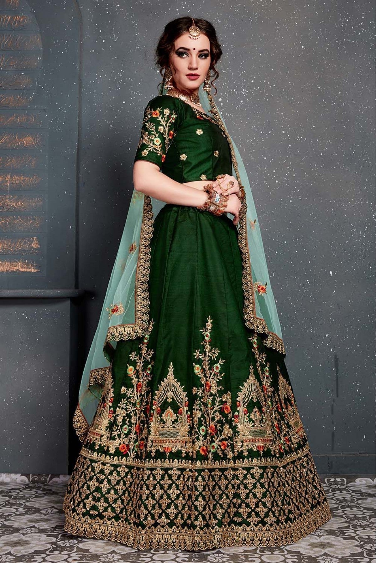 Green Colour Taffeta and Satin Silk Lehenga Choli