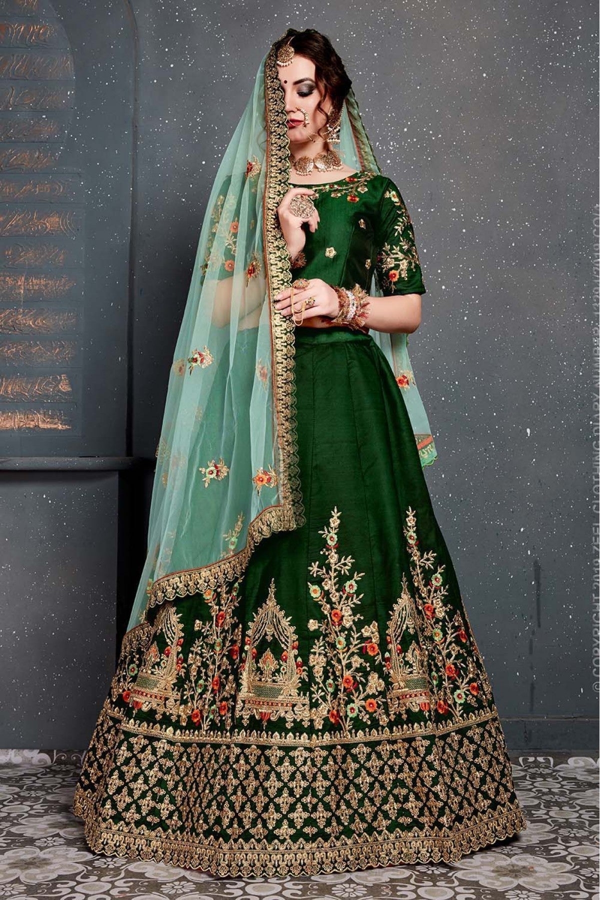 Green Colour Taffeta and Satin Silk Lehenga Choli