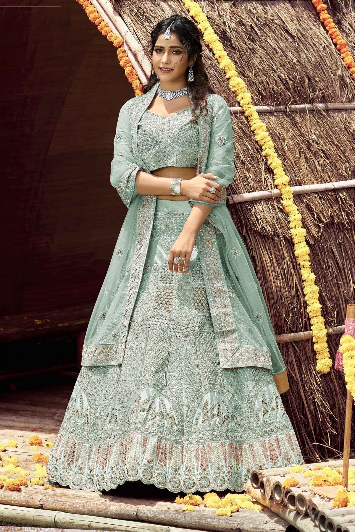 Green Colour Velvet Resham Work Lehenga Choli