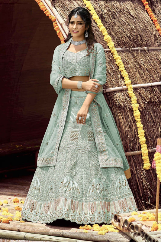 Green Colour Velvet Resham Work Lehenga Choli