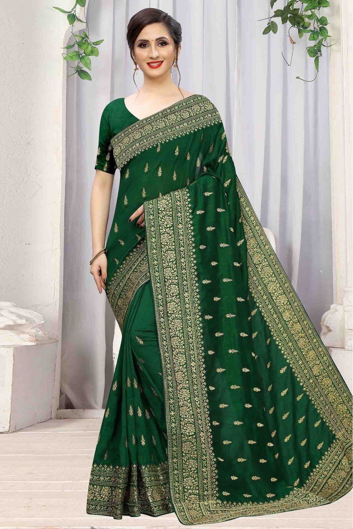 Green Colour Vichitra Silk Designer Saree