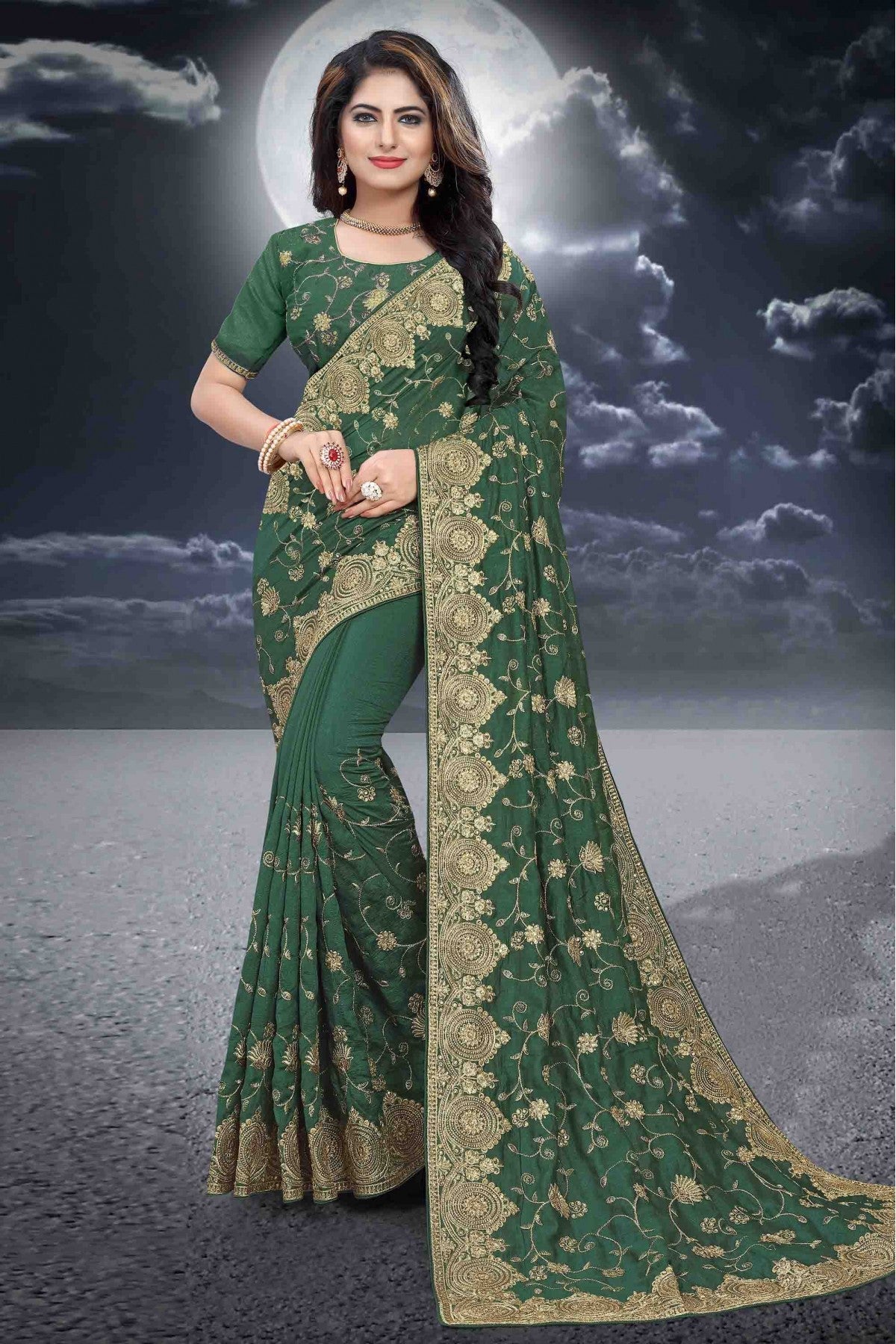 Green Colour Vichitra Silk Designer Saree