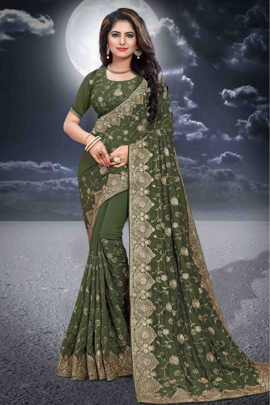 Green Colour Vichitra Silk Designer Saree