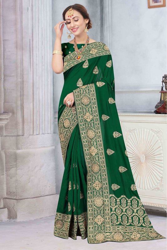 Green Colour Vichitra Silk Designer Saree