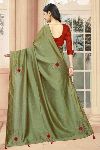 Green Colour Vichitra Silk Designer Saree