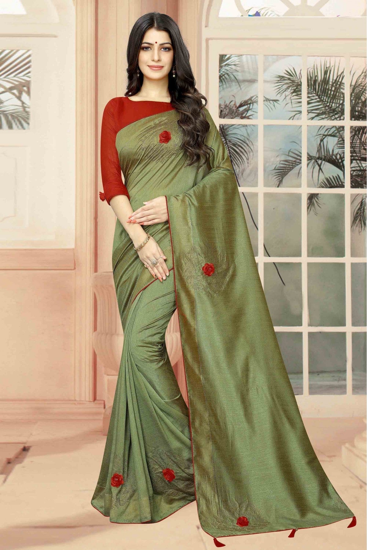 Green Colour Vichitra Silk Designer Saree