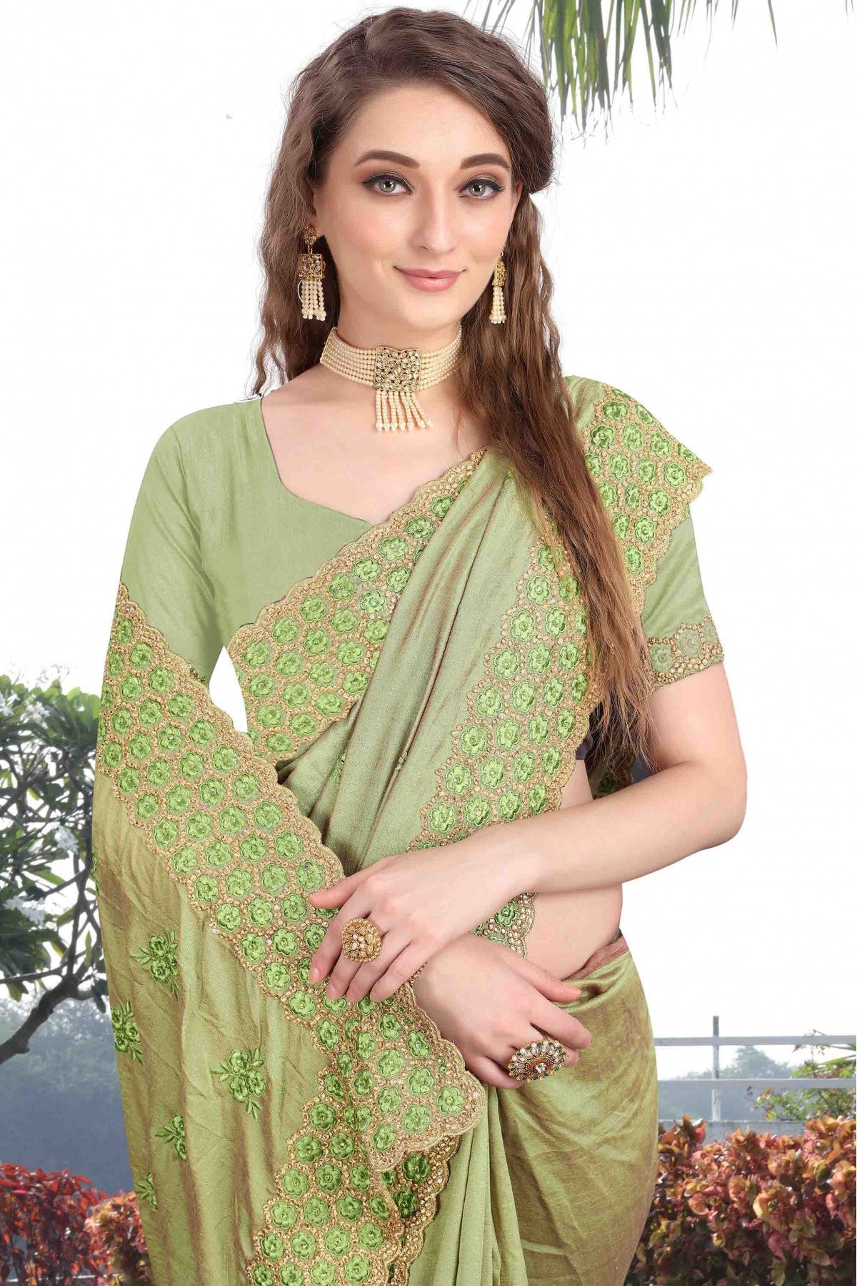 Green Colour Vichitra Silk Designer Saree