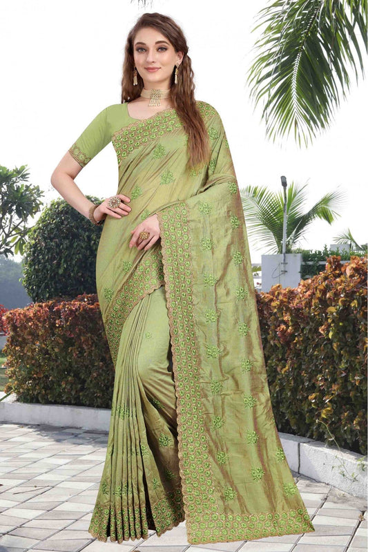 Green Colour Vichitra Silk Designer Saree