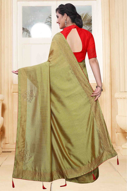 Green Colour Vichitra Silk Designer Saree