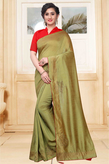 Green Colour Vichitra Silk Designer Saree