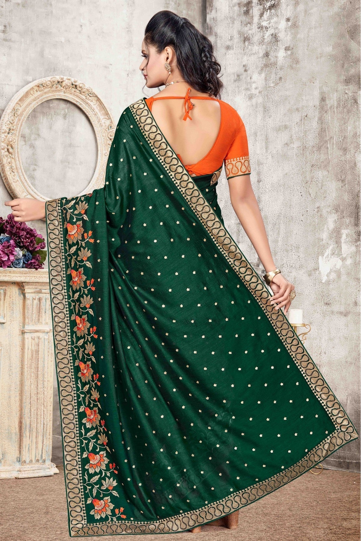 Green Colour Vichitra Silk Designer Saree