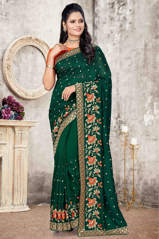 Green Colour Vichitra Silk Designer Saree