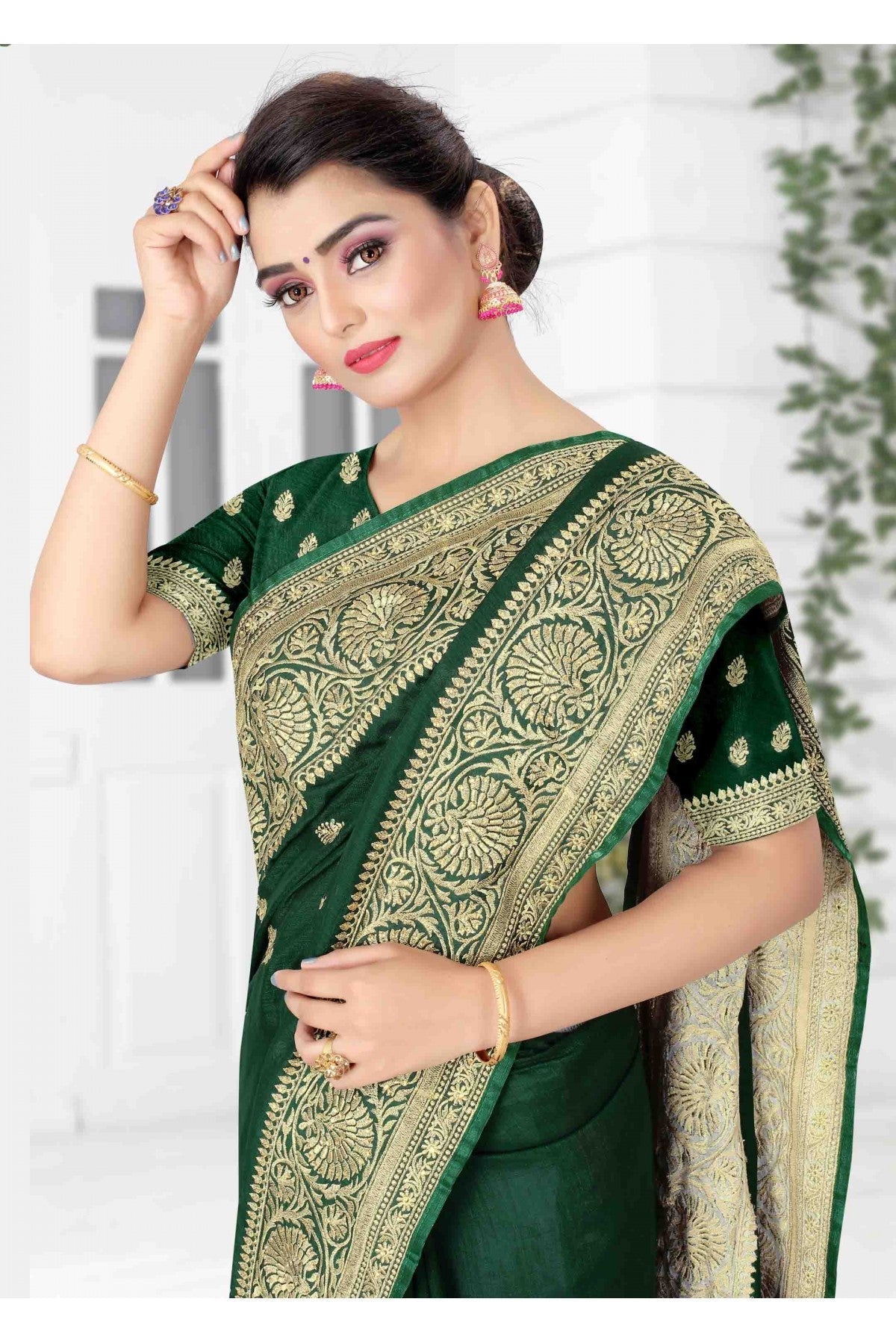 Green Colour Vichitra Silk Designer Saree