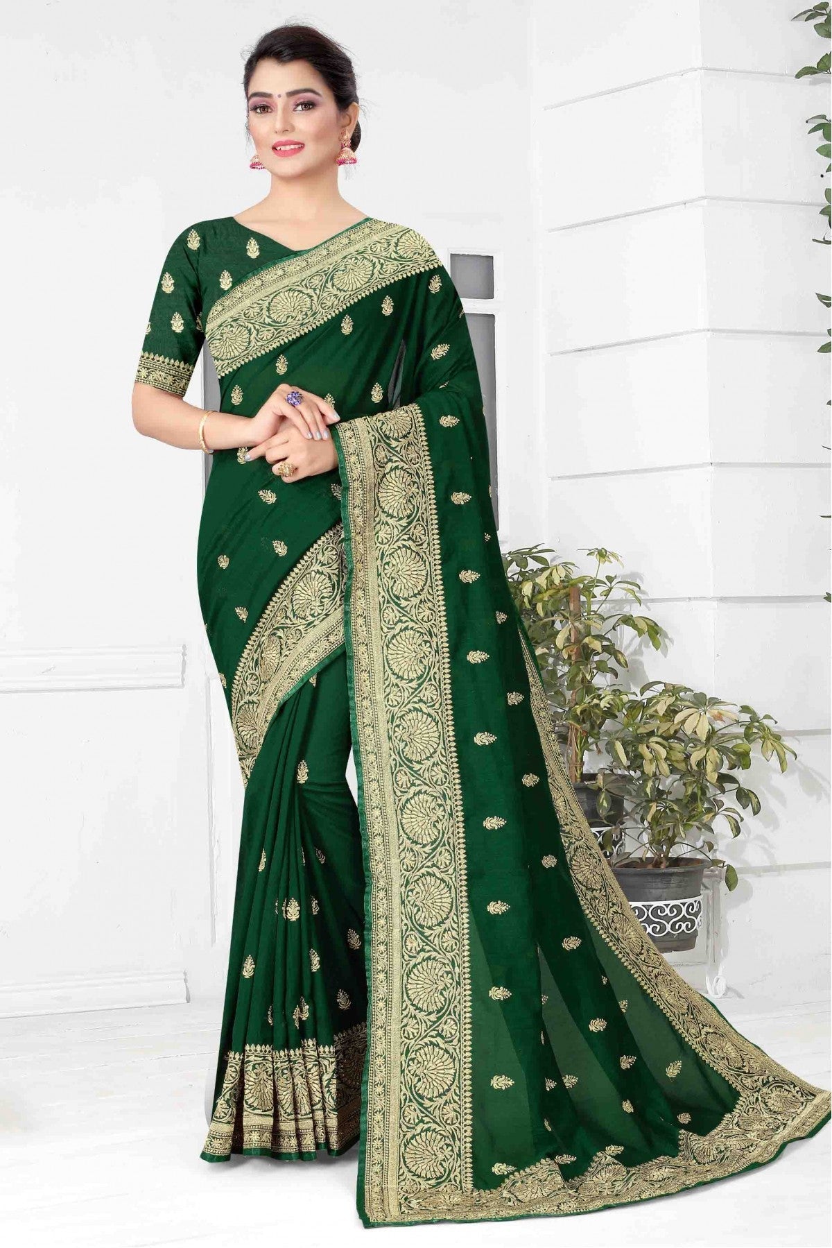 Green Colour Vichitra Silk Designer Saree