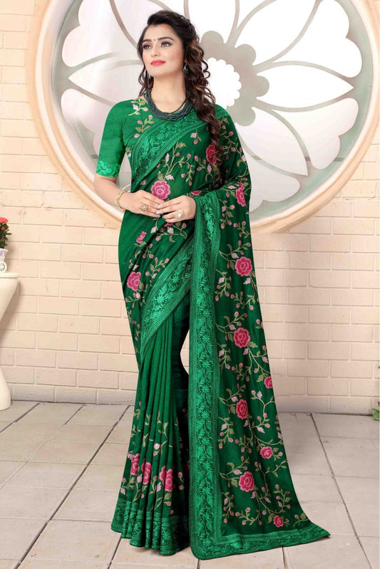 Green Colour Vichitra Silk Designer Saree