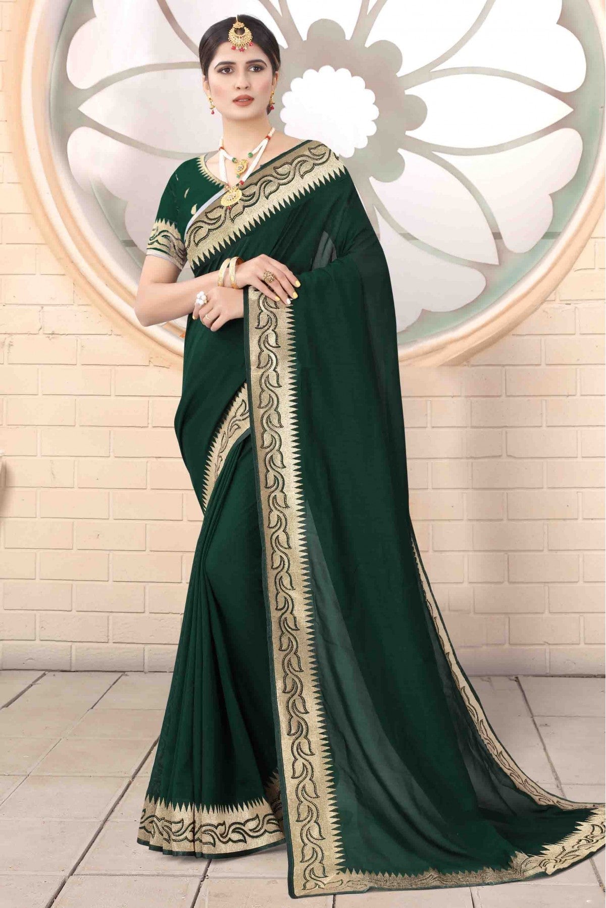 Green Colour Vichitra Silk Designer Saree