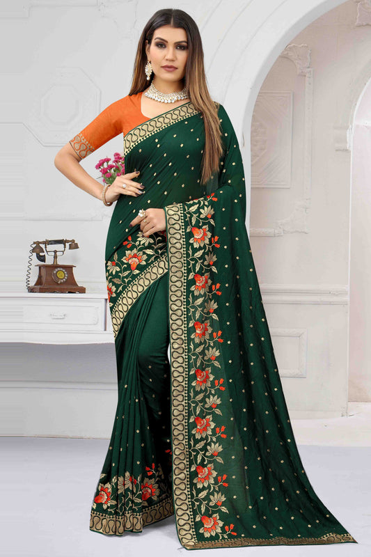 Green Colour Vichitra Silk Designer Saree