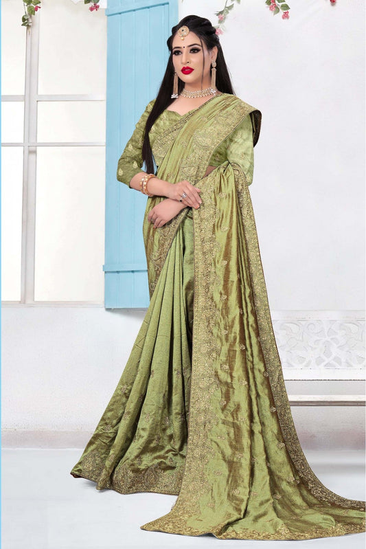 Green Colour Vichitra Silk Embroidery Saree