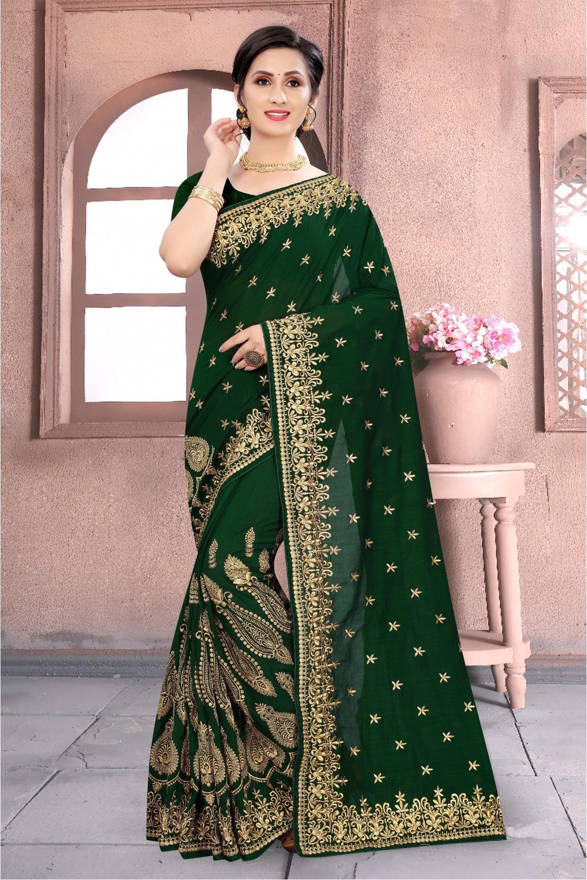 Green Colour Vichitra Silk Embroidery Saree