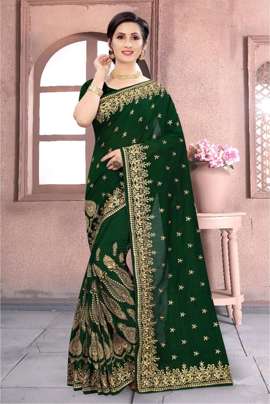 Green Colour Vichitra Silk Embroidery Saree