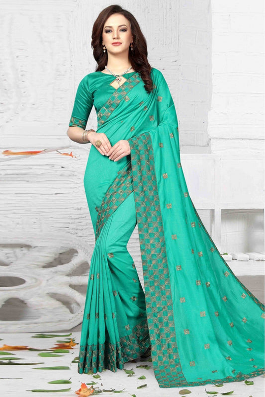 Green Colour Vichitra Silk Embroidery Saree