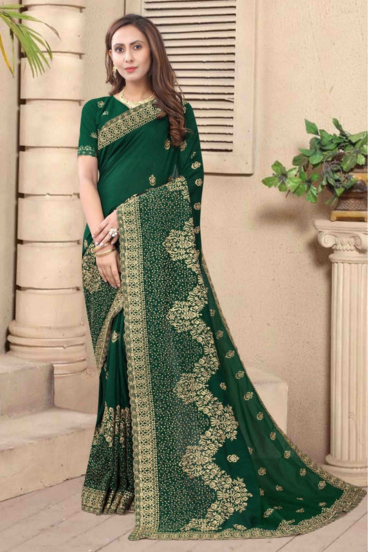 Green Colour Vichitra Silk Embroidery Saree