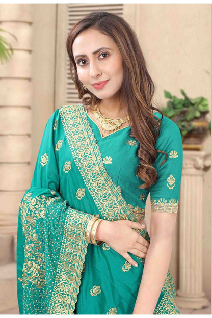 Green Colour Vichitra Silk Embroidery Saree