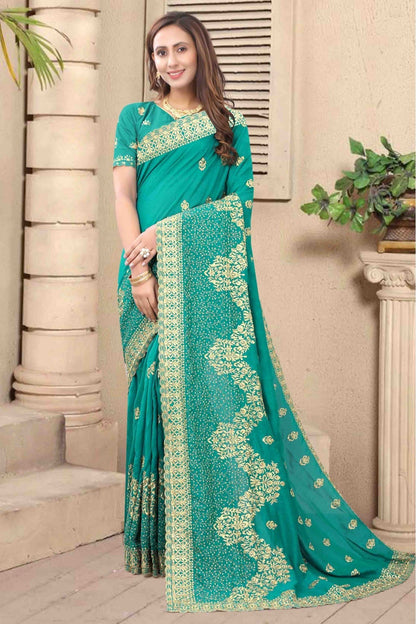 Green Colour Vichitra Silk Embroidery Saree